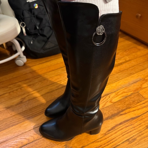 Shoes - Women’s Faux Black Leather Black Heel Knee-High Boots